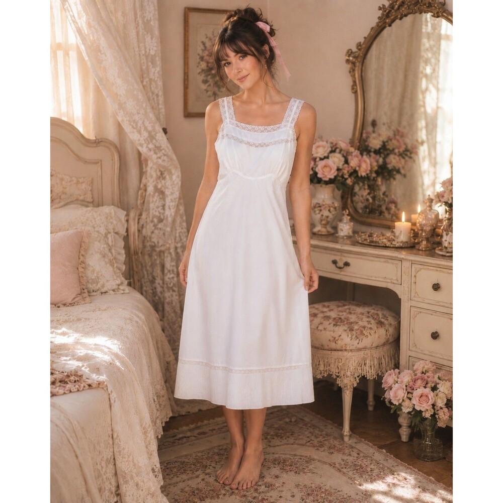 Vtg Fem Coquette Midi Slip Dress S White Pleated Sheer Lace Y2K Cottage Bridal